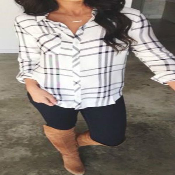 

fashion women's lady loose long sleeve casual blouse plaid shirts size s-xl, White