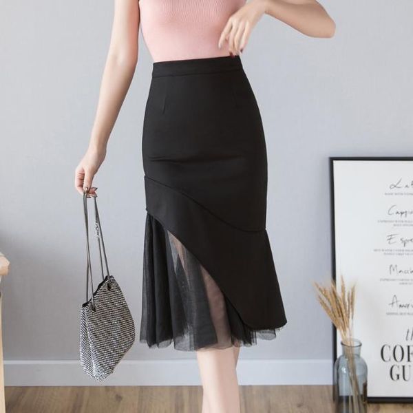 

high waist skirts women summer ruffles gauze patchwork casual skirt new 2020 korean style all-match ladies elegant skirts p741, Black