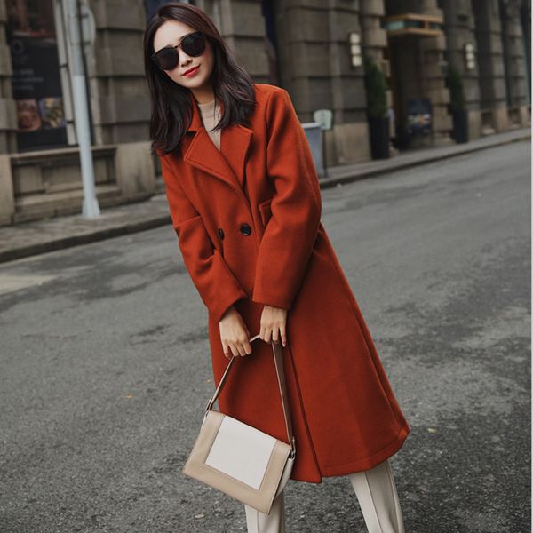 

office lady loose long wool blend ladies coat turn-down collar women's jacket double breasted korean womens fashion coat, Black