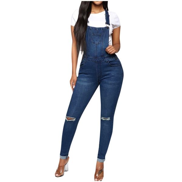 

jaycosin 19 women fashion solid color skinny ripped hole overalls pencil jeans zipper high waist vintage bodycon street 127, Blue