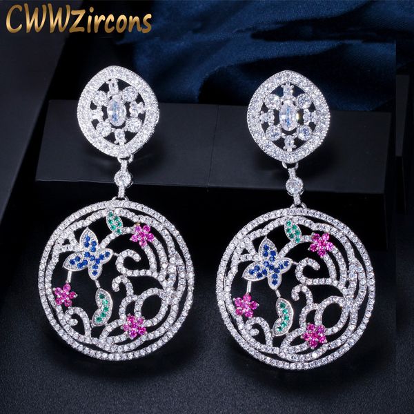 

cwwzircons micro cubic zirconia setting round shape long big dangle drop women costume earrings with green blue red stones cz328, Silver