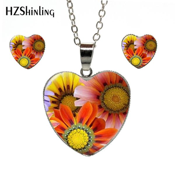 

new fashion vintage ps sunflower painting hand craft heart pendant and earring hand craft heart jewelry set, Slivery;golden