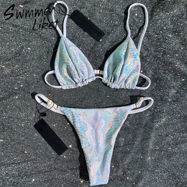 

holographic bikini set 2020 hollow out swimsuit female sparkly bikini string bandage swimwear women bathers bathing suit, White;black