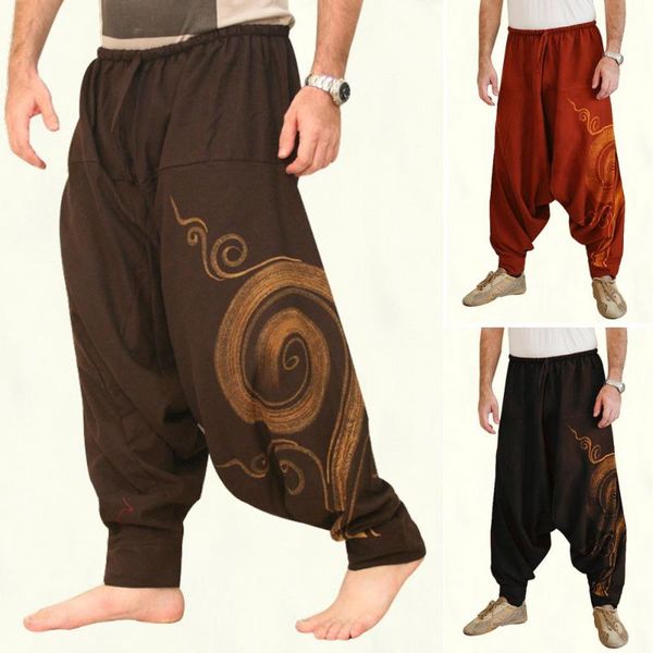 

2019 cool hip hop japanese retro baggy cotton linen harem pant men wide leg boho pants wide leg harem trousers cross-pants, Black
