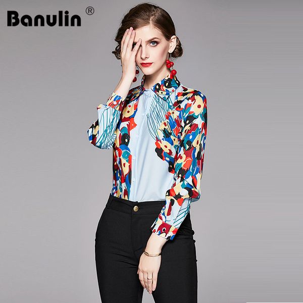 

womens blouses 2020 spring new runway designer long sleeve flower ladies blouses shirts print vintage office shirt, White
