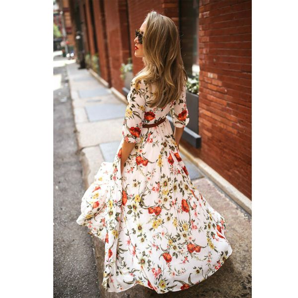 

women's maxi boho dress floral summer beach cocktail party print long sundress fashion half sleeve not include belt dresses, Black;gray
