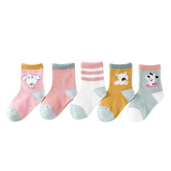 

all seasons kids socks boys girls cotton middle cartoon dog socks 5 pairs cute stripe breathable comfortable, Pink;yellow
