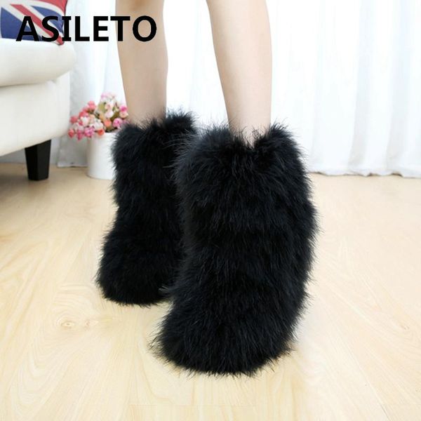 

asileto winter women snow boots genuine real hairy ostrich feather furry fur flats plush warm ski outdoor boots bootie shoest517, Black