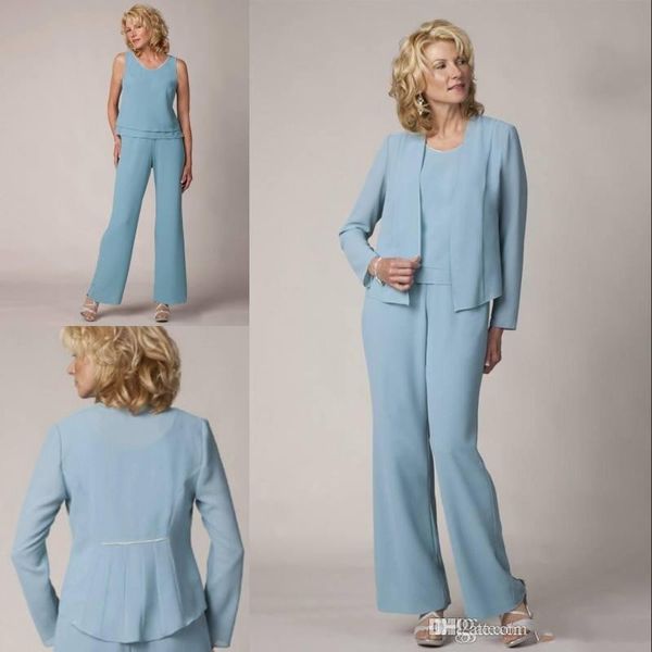 

new arrival ocean blue mother of the bride pant suits 3 piece chiffon with bead wedding guest pant suit plus size evening dresses