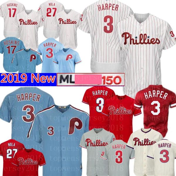 

Philadelphia 3 Bryce Harper Phillies Jersey New 17 Rhys Hoskins 27 Aaron Nola Majestic Baseball Jerseys Mens 150th Embroidery