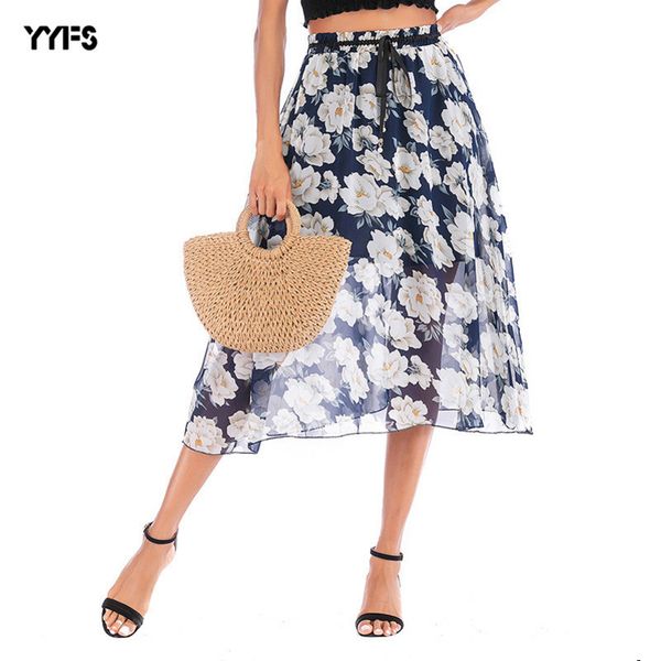 

women designer chiffon high waist sweet floral beach half-length skirt with belt seaside holidayofb1ofb1, Gray