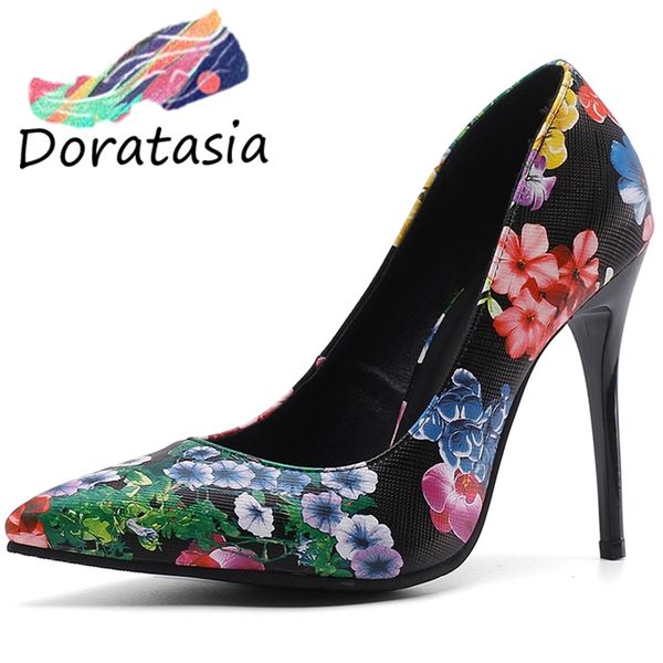 

doratasia fashion flower print pumps pointed toe lady pumps women spring shallow leopard spring extreme high heels shoes woman, Black