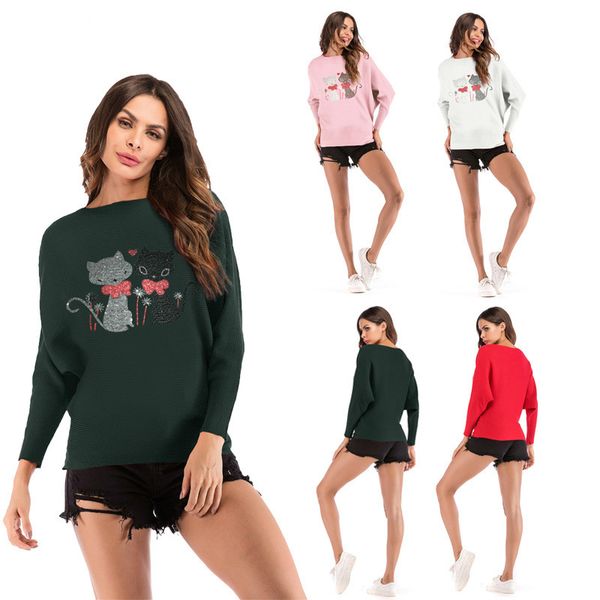 

sweater 2019 autumn winter kawaii cat drilling beaded women sweaters -xl casual round collar pullover long sleeve jumper, White;black
