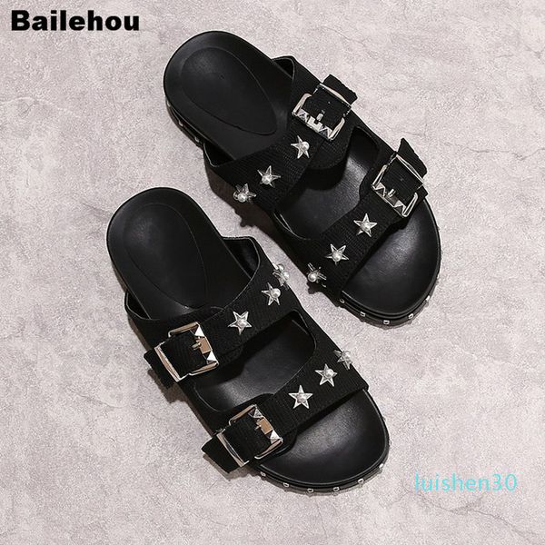 

2019 new women summer slippers rivet slingback slippers platform spiked sandals stud concise flat shoes beach flip flops slipper l30, Black