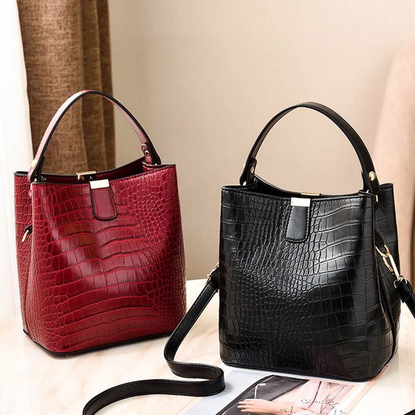 

lady alligator crossbody bag bucket handbags for female women burgundy black shoulder bags embossed pu bags dropshipping fh212