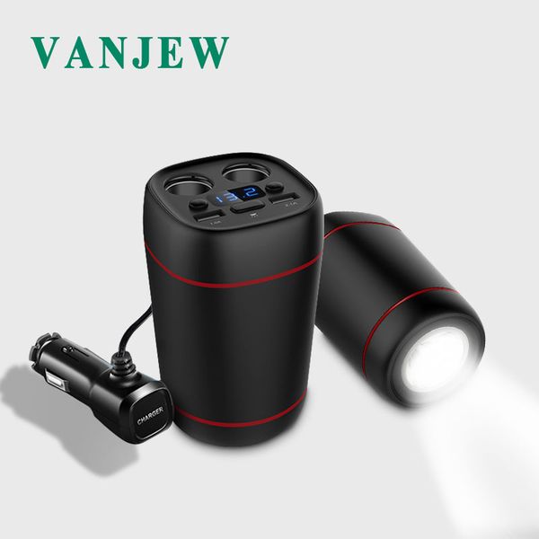 

vanjew c33 multi-function car cigarette lighter cup 1800mah power adapter 2 sockets adapter 2 usb ports car charger floodlight