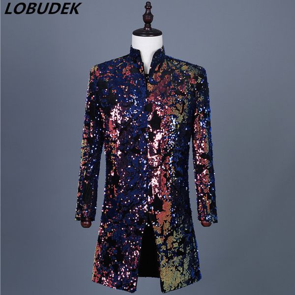 

plus size men's colorful flipping sequins long suit jackets stage costume nightclub bar dj singer presenter slim coat tailcoat, White;black