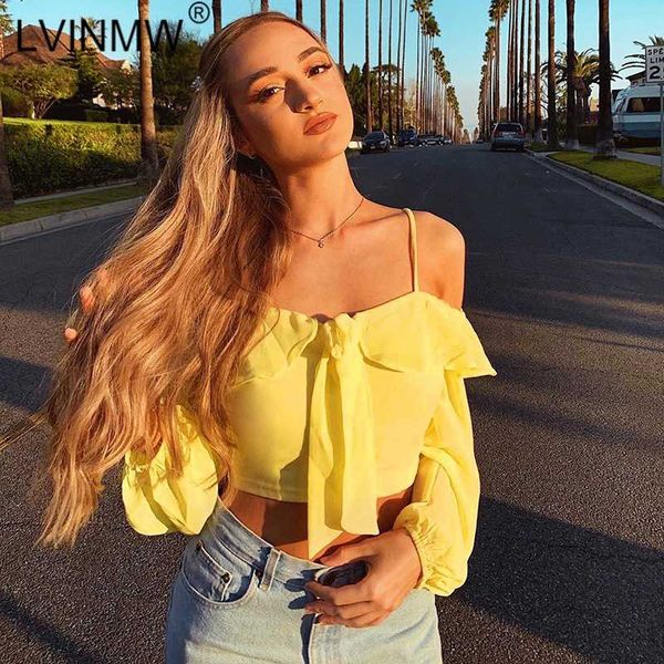 

lvinmw сексуальная спагетти ремень оборками лук шифоновая рубашка 2020 женщины зашнуровать слэш шеи с длинным рукавом растениеводство топы м, White