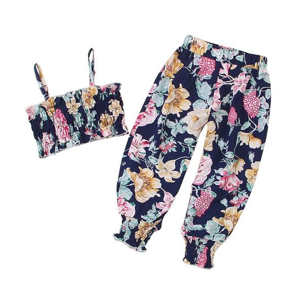 

kancoold girls summer explosion fashion set flower print frilled vest sling + closed leg pants two-piece set, White