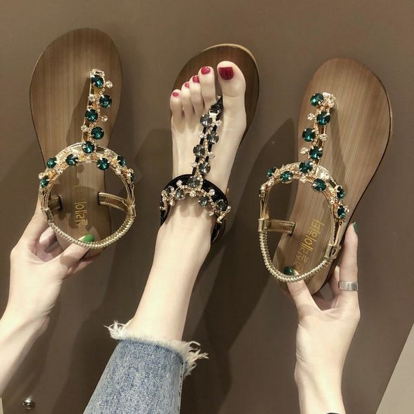

женщины open toe rhinestone плоским дном roman бисером сандалии обувь платформы удобные сандалии женщин sandalen, Black