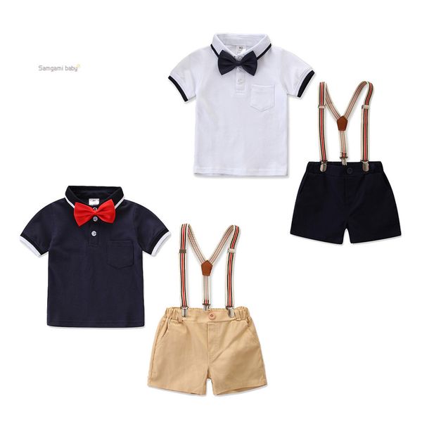 

retail 2019 2020 kids clothes tide boy korean gentleman suit lapel bow tie t-shirt + strap shorts childrens boutique clothing, White