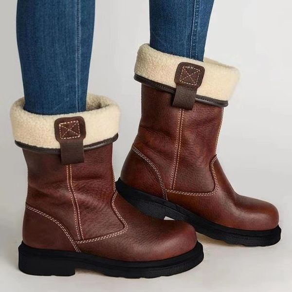 

eoeodoit winter plus size cotton boots women low heel round toe slip on snow shoes female leather mid calf boot, Black