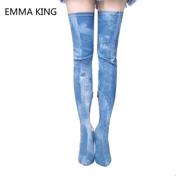 

blue demin stretch cowboy long boots pointed toe high heels thin heels over knee women's slim thigh high ladies boots, Black