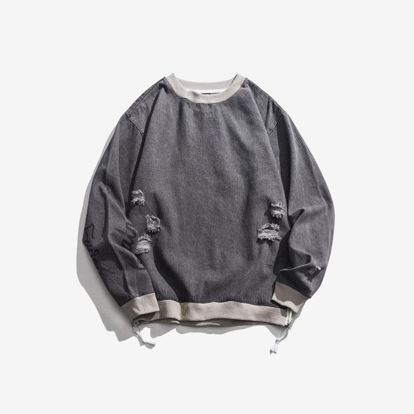 

boat oversized ripped men hoodie pullover light blue grey hollow out crewneck long sleeve sweatshirt, Black