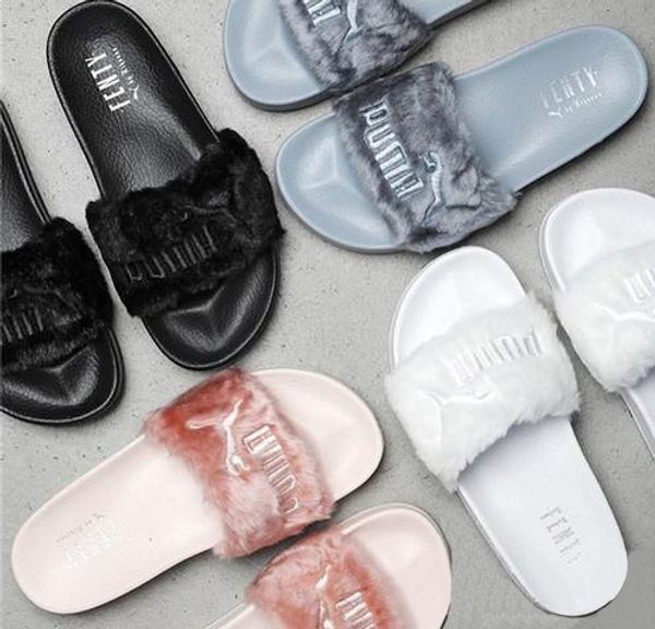 

2019 leadcat fenty rihanna shoes women slippers indoor sandals girls fashion scuffs pink black white grey fur designer slides high quality