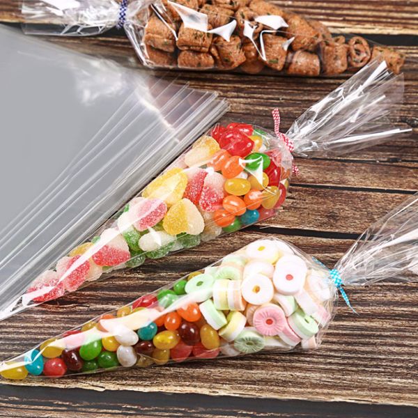 

50/100/200 pcs lot diy candy bag wedding favors birthday party decoration sweet cellophane transparent cone storage with organza