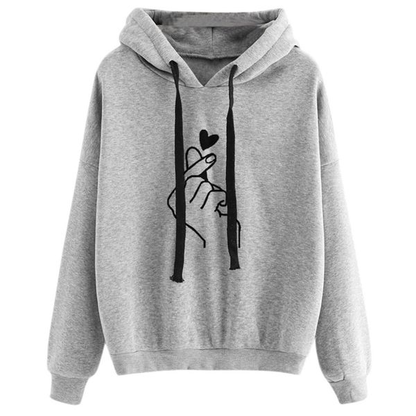 

womens girls long sleeve solid sweatshirt drawstring hooded finger heart printed loose pullover rib trim student thicken, Black