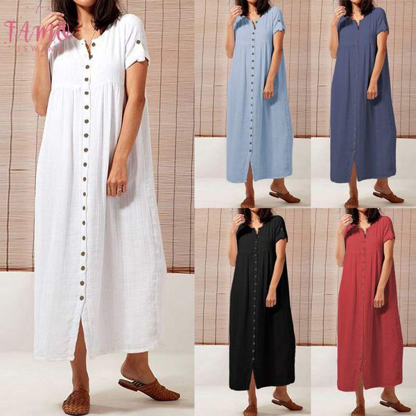 

women maxi long dress plus size summer dresses 2020 short sleeve casual summer loose buttons vintage solid party vestidos robe, Black;gray