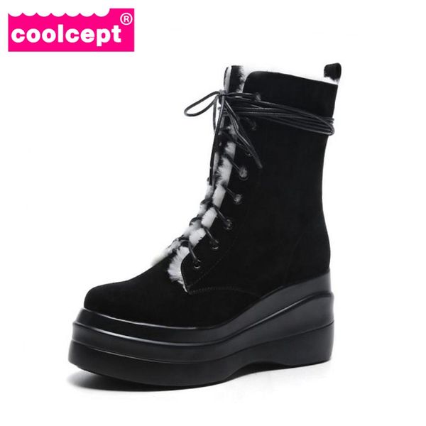 

coolcept winter snow shoes women real leather warm fur mid calf snow boots women cross tied thick platfrom botas size 34-39, Black