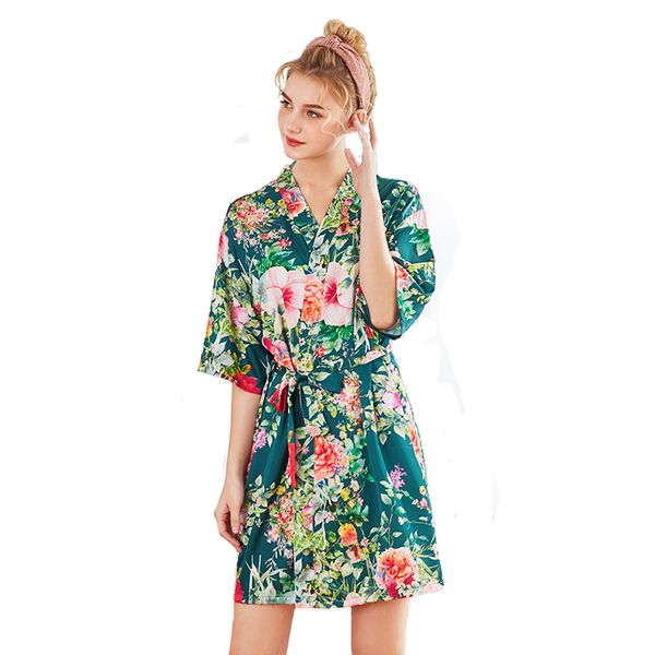 

womens fashion silk satin bride bridesmaid robe floral bathrobe emulation silk night robe bath comfortable dressing gown, Black;red