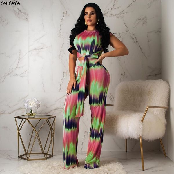 

2019 women new summer tie dye stripes print o-neck tie up hem short tee wide leg pants suit two piece set tracksuit glyz720, White