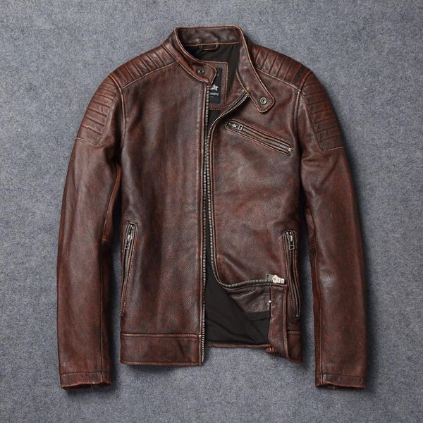 

vintage distressed brown autumn casual genuine leather jacket genuine cowhide short coat motorcycle leather slim stand collar, Black