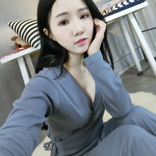 

kimono autumn wear pajamas in the fall and winter of female long-sleeved cotton suit two-piece women pajamas, Blue;gray