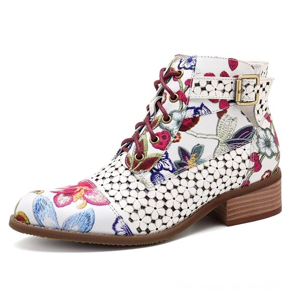 

litthing ethnic boot bootss flower pattern autumn strappy short boot stylish chelsea boots pointed toe leather ankle shoes low heel, Black