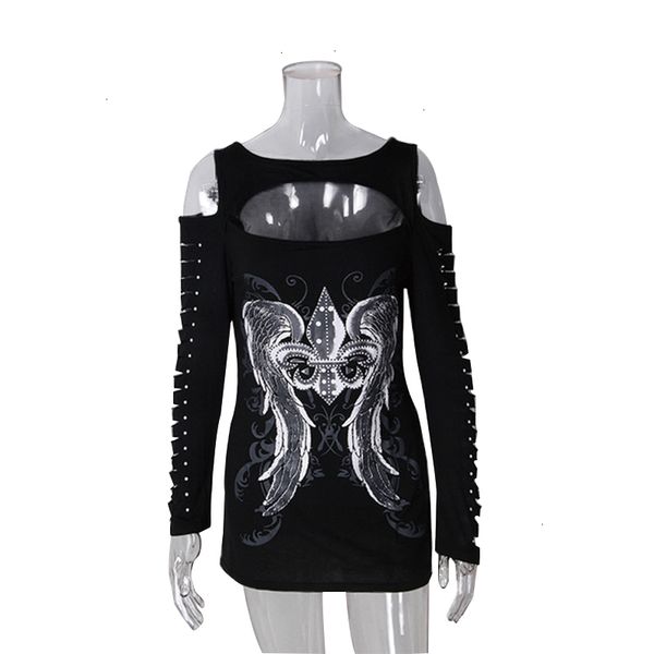 

женщины t shirt женская одежда женская мода bodycon футболки с длинным рукавом топы крылья tee повседневный hole girls punk lj9170r, White