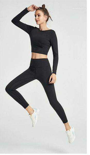 

yoga womens designer sport tshirt long sleeve gym tanks backless solid color slim tees summer spring womens clothing, Black;white