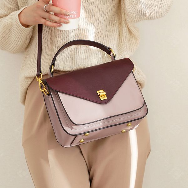 

woonam women fashion handbag hide genuine calf leather contrast color handle messenger cross body shoulder bag wb1107