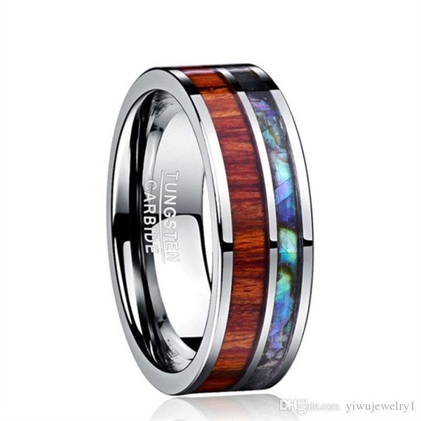 

jewelry 8mm wood koa hawaiian and abalone shell tungsten carbide rings wedding bands for men comfort fit ring size 6 - 13, Silver