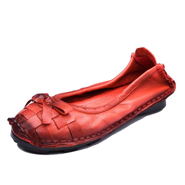 

new handmade women leather shoes autumn bow national style retro comfort soft cowhide flat shoes, Red;white