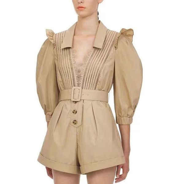 

2020 новых летняя мода повседневных лоскутные сыпучие v-образный вырез ruffles кружево высокой талия romper штаны женщина u018, Black;white