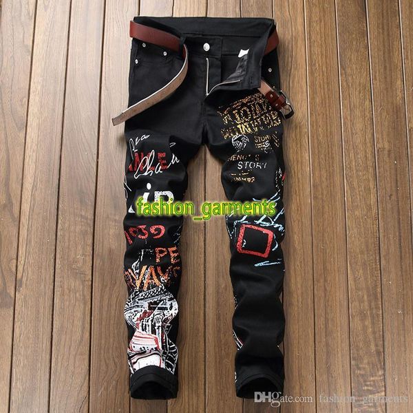 

fashion printed denim trousers mens slim stretch casual straight trousers mens stylist graffiti jeans men personality jeans black white, Blue