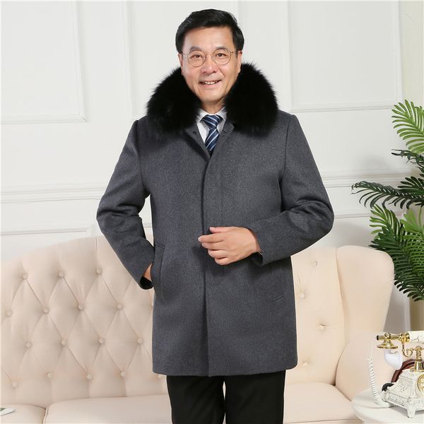 

men's winter padded wool jackets coats removable fur collar quilted lining button wool blends pea coat thick padded jacket coat, Black