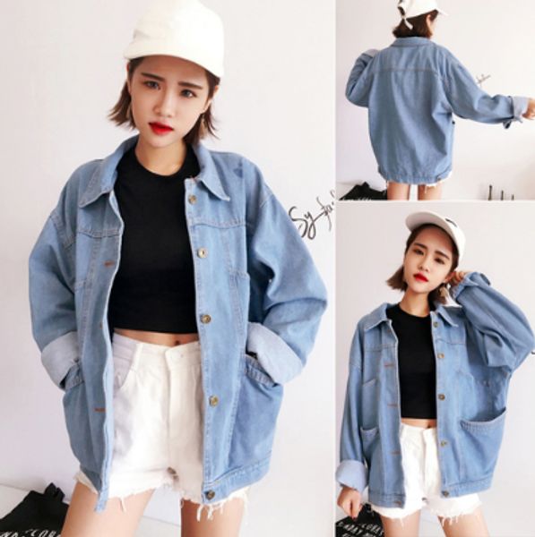 

new 2019 summer women ladies long sleeve bf denim jacket oversized large pockets vintage loose coat harajuku jean jacket, Black;brown