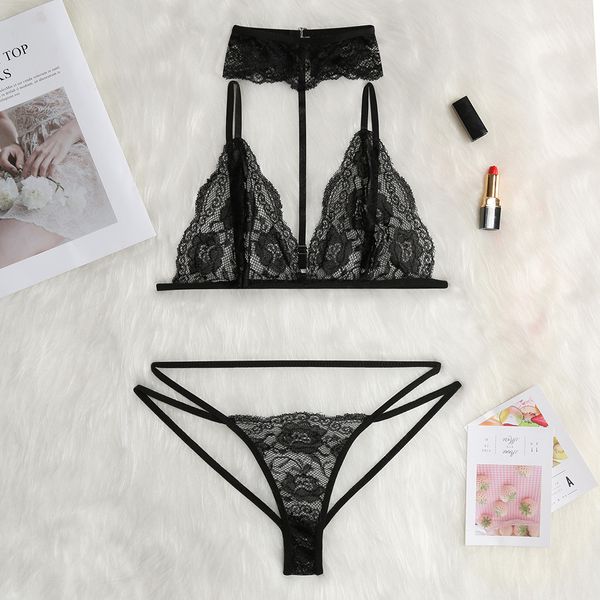 

new women's solid lace openwork sous vetement femme ensemble perspective two-piece set transparent bra present for lover, Red;black