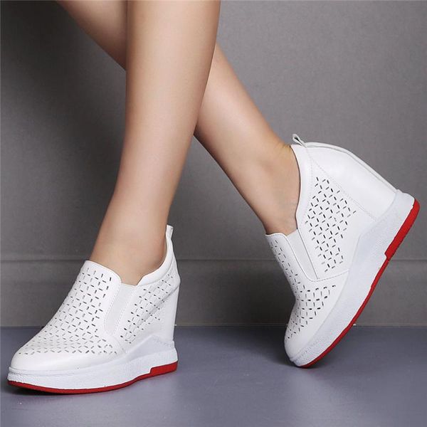 

casual shoes women breathable genuine leather wedges high heel pumps shoes pointed toe travel trainers female boots tennis, Black