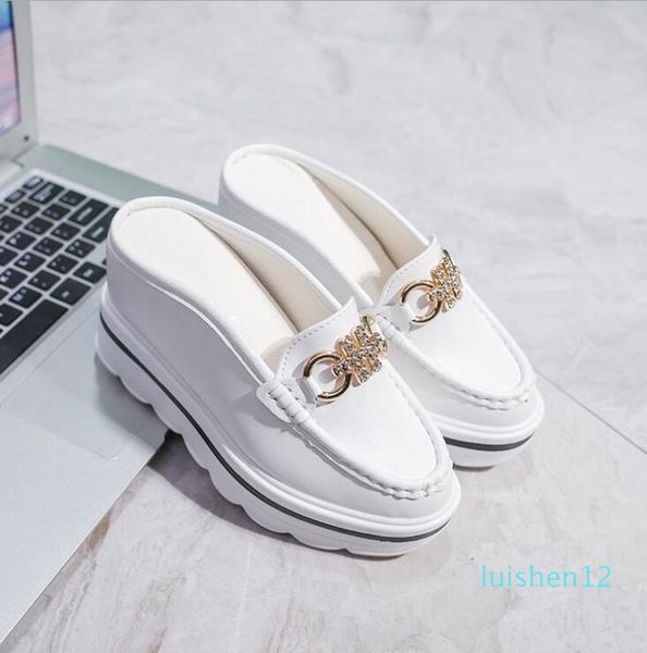 

effgt 2018 woman mules shoes sandals rhinestone chains metal buckle design slippers baotou platform shoes wedges slipper l12, Black